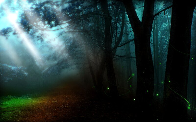 Forest Path at Night — Green, Mysterious, Digital Art