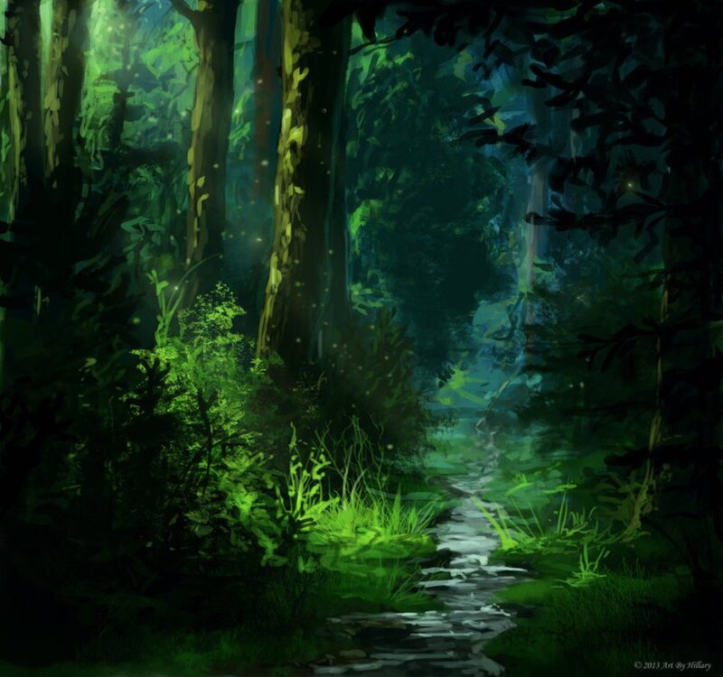 Forest Path at Night — Green, Mysterious
