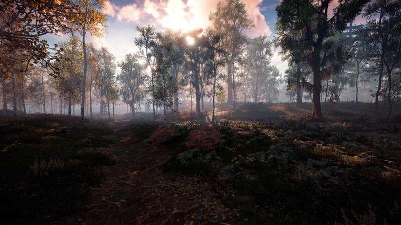 Forest Path at Sunrise — Green, Serene, 3d Render, Trees