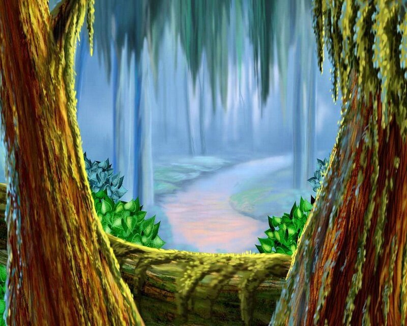 Forest Path Between Trees — Green, Serene, Digital Art