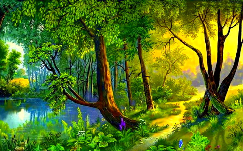 Forest Path by Lake — Green, Serene, Afternoon, Digital Art