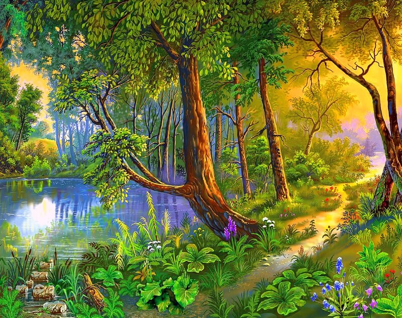 Forest Path by Lake — Green, Serene, Afternoon, Digital Art, Trees
