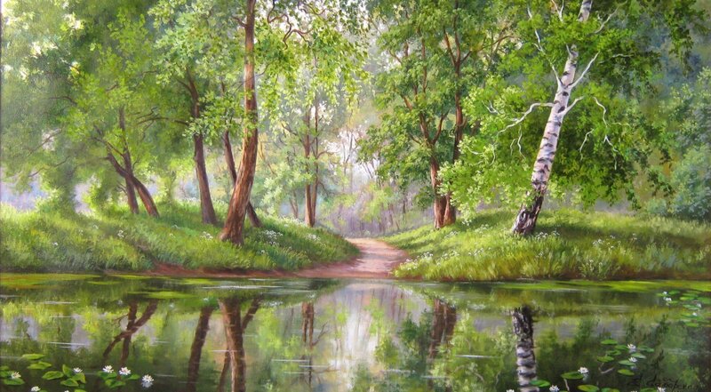 Forest Path by Lake — Green, Serene, Afternoon, Painting