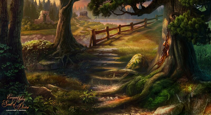 Forest Path by Lake — Green, Serene, Sunset, Digital Art
