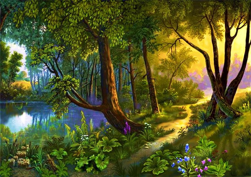 Forest Path by Lake — Green, Serene, Sunset, Painting