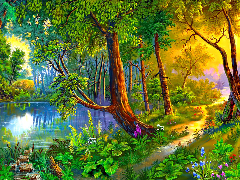 Forest Path by Lake — Green, Serene, Sunset