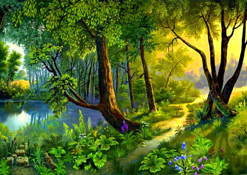 Forest Path by Lake — Green, Serene
