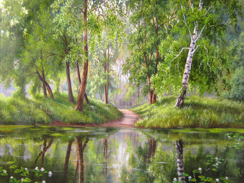 Forest Path by River — Green, Serene