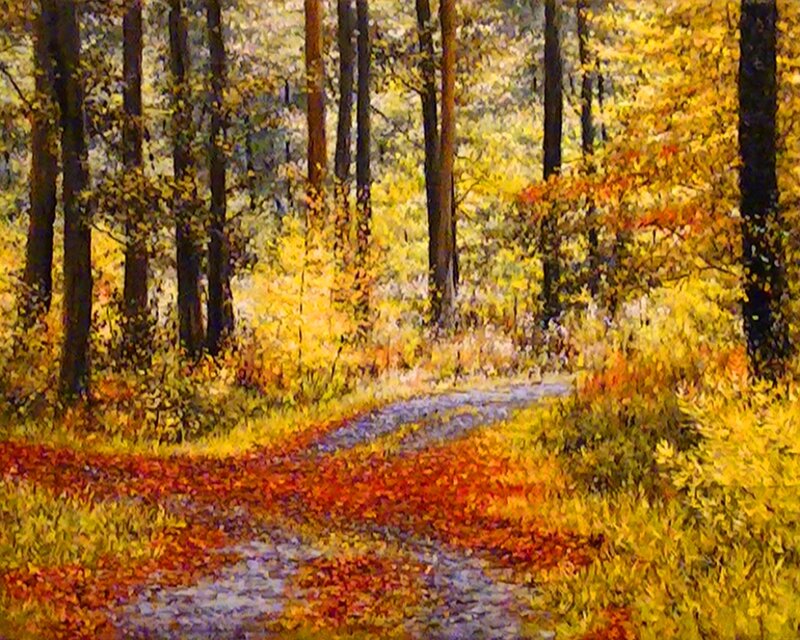 Forest Path in Autumn — Yellow, Serene, Painting