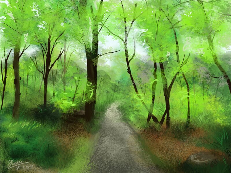 Forest path in green light