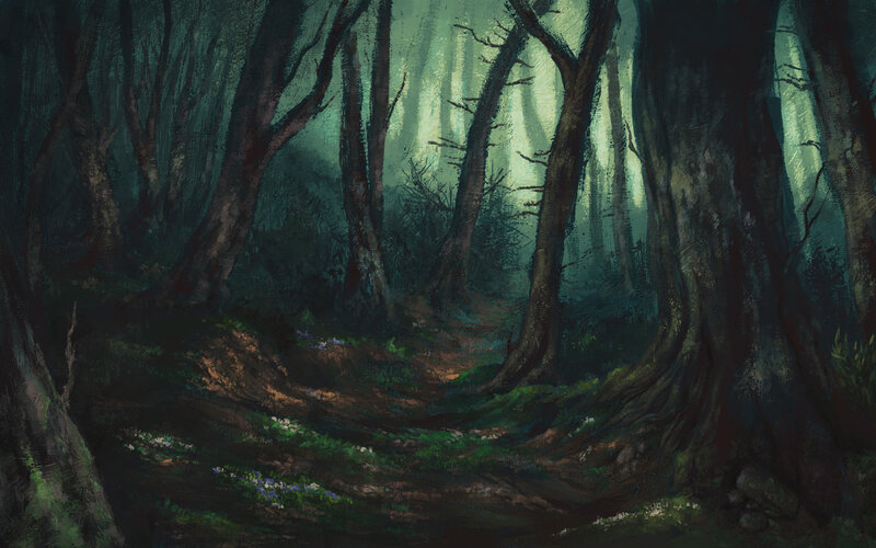 Forest Path in Mist — Green, Mysterious, Night