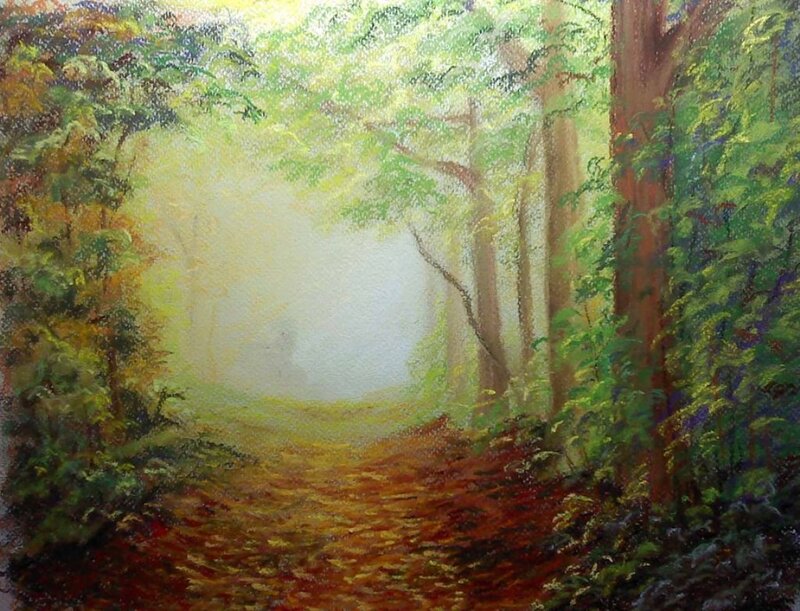Forest Path in Mist — Green, Serene, Morning, Painting