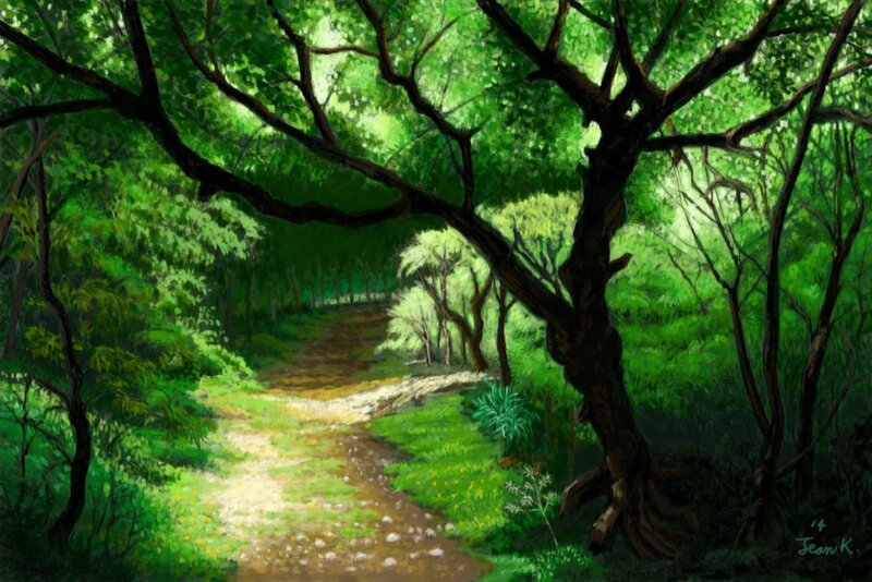 Forest Path in Sunlight — Green, Serene, Afternoon, Digital Art