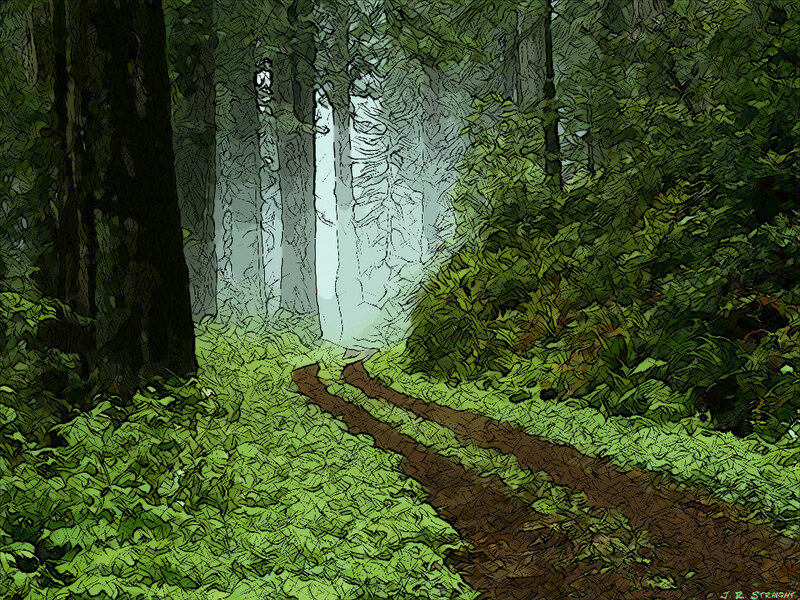 Forest Path in Sunlight — Green, Serene, Morning, Digital Art