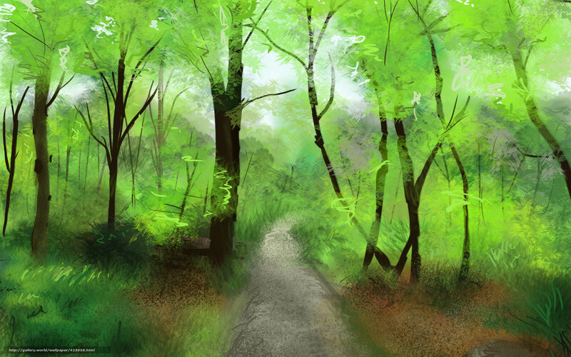 Forest Path in Sunlight — Green, Serene, Morning, Digital Art, Trees