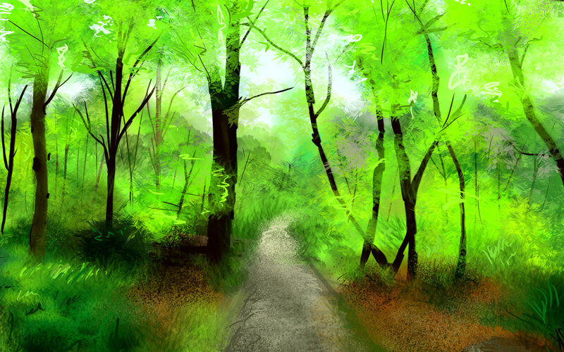 Forest Path in Sunlight — Green, Serene, Morning
