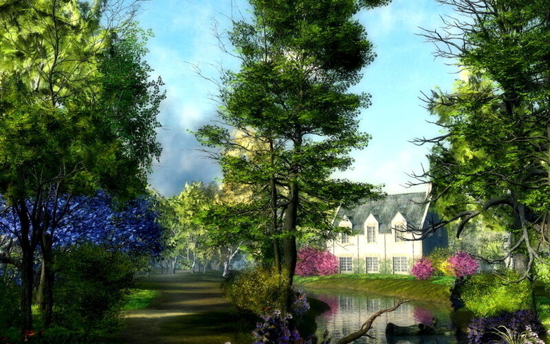 Forest path to a manor house