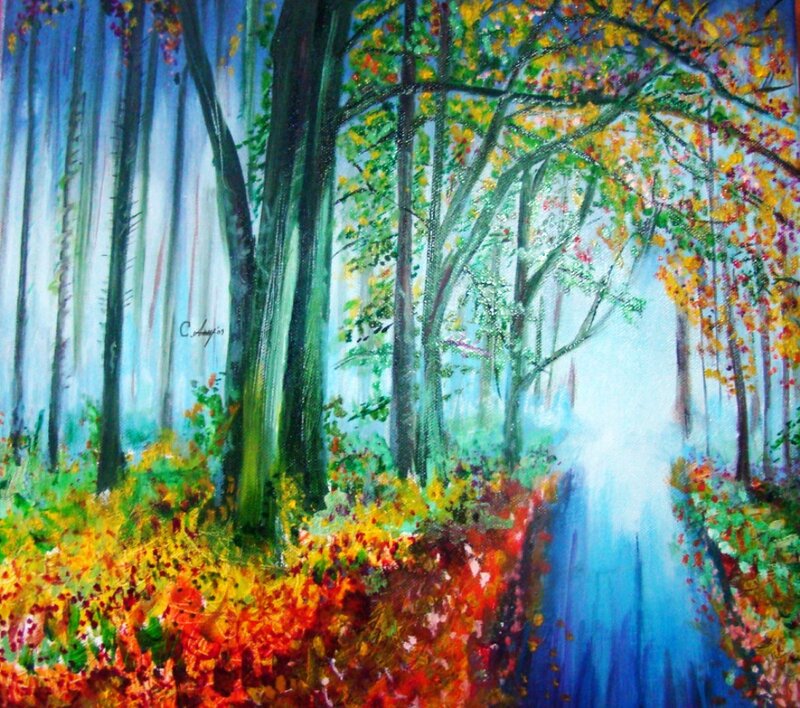 Forest Path with Autumn Leaves — Blue