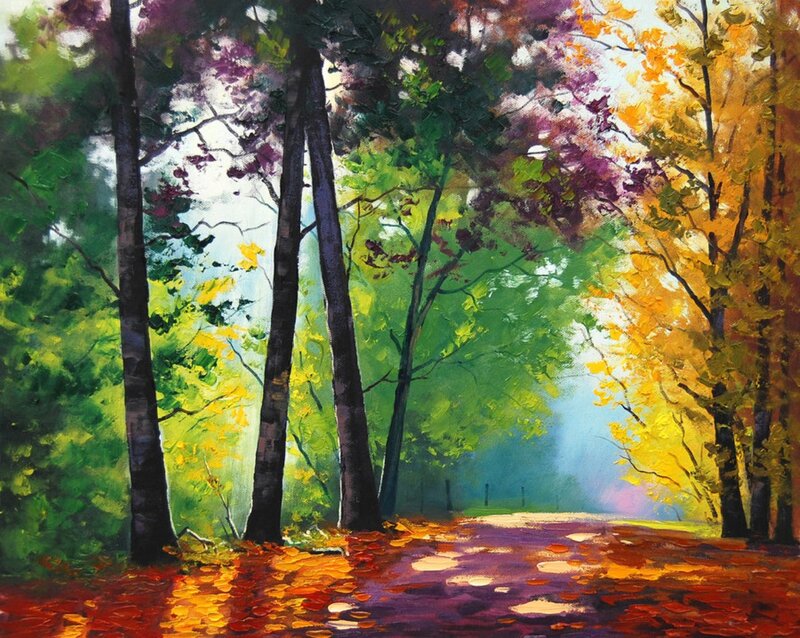 Forest Path with Autumn Leaves — Green, Serene, Painting