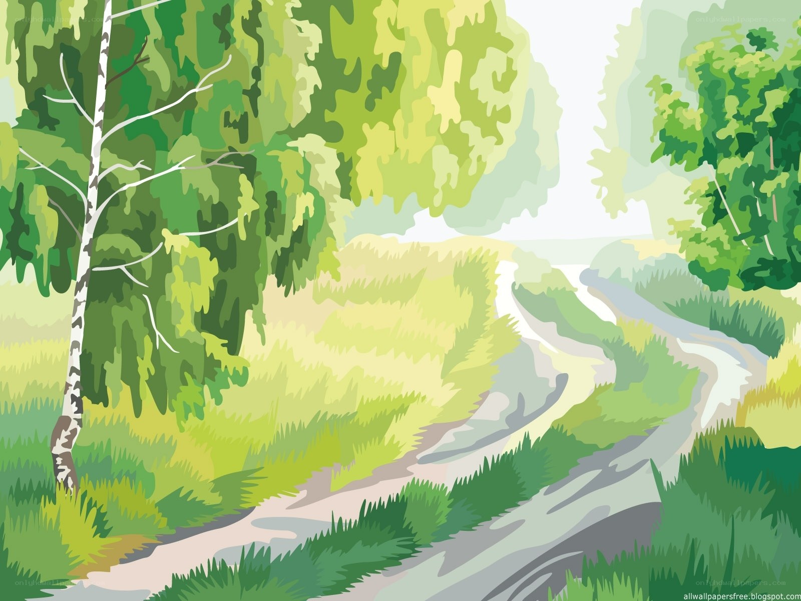 Forest path with birch tree