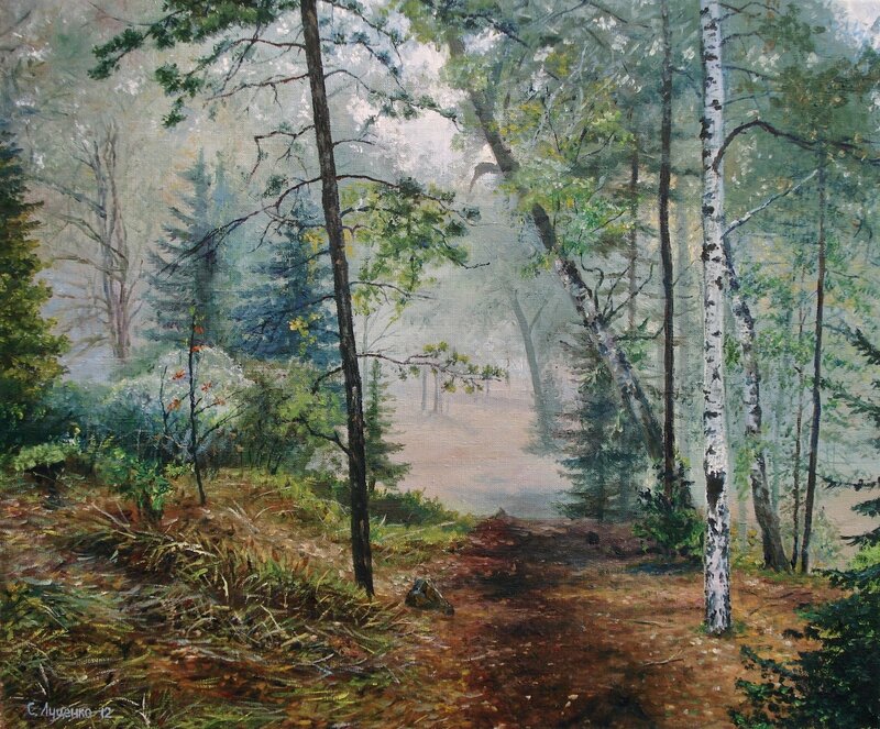 Forest Path with Birch Trees — Green, Serene, Morning
