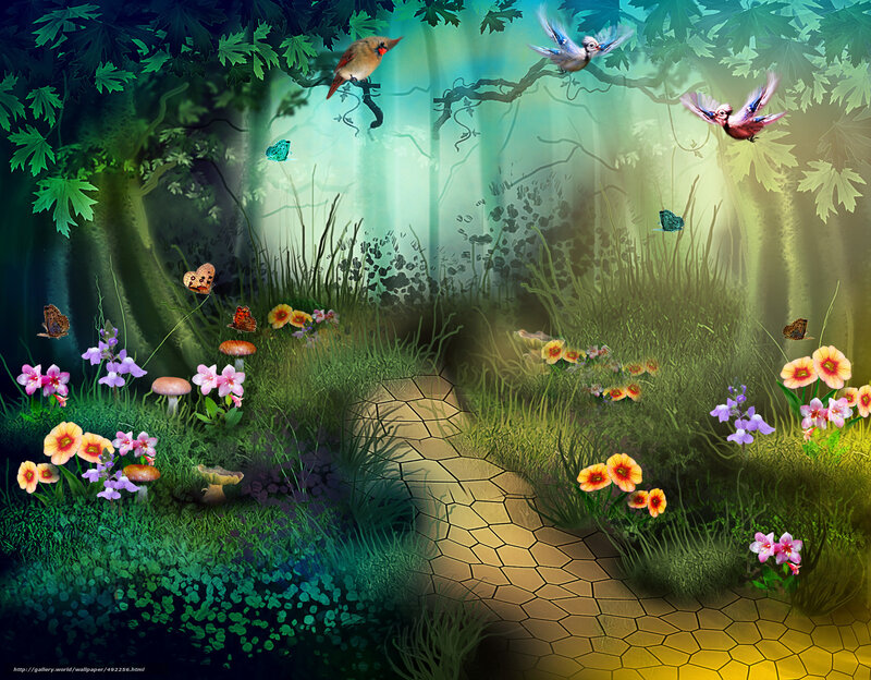Forest Path with Birds — Green