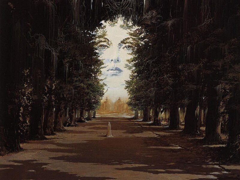 Forest path with face in sky
