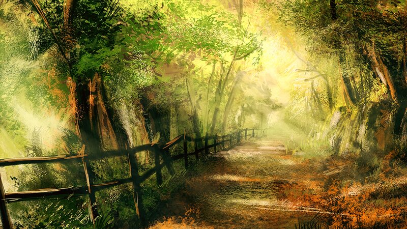 Forest Path with Fence — Green, Serene