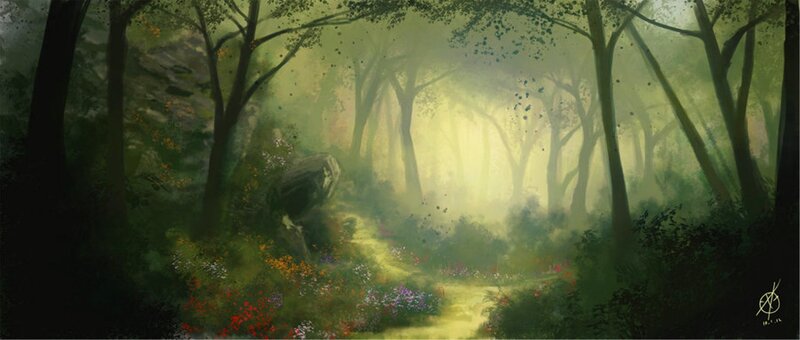 Forest Path with Flowers — Green, Serene, Morning, Digital Art