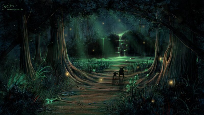 Forest path with glowing lights