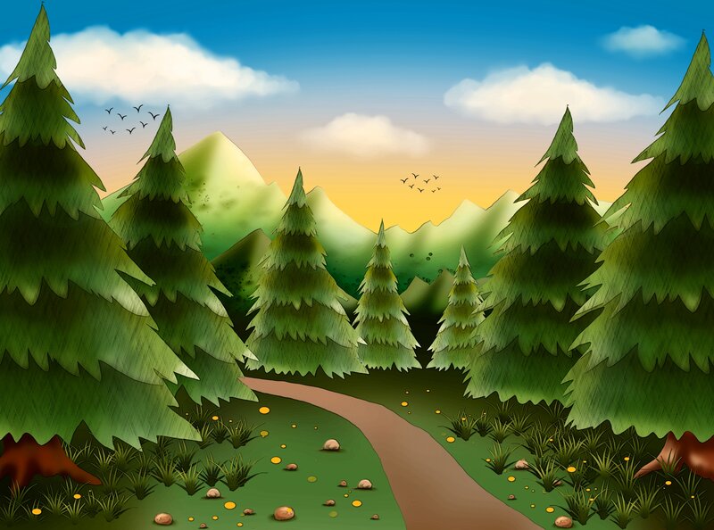 Forest Path with Mountains — Green, Serene