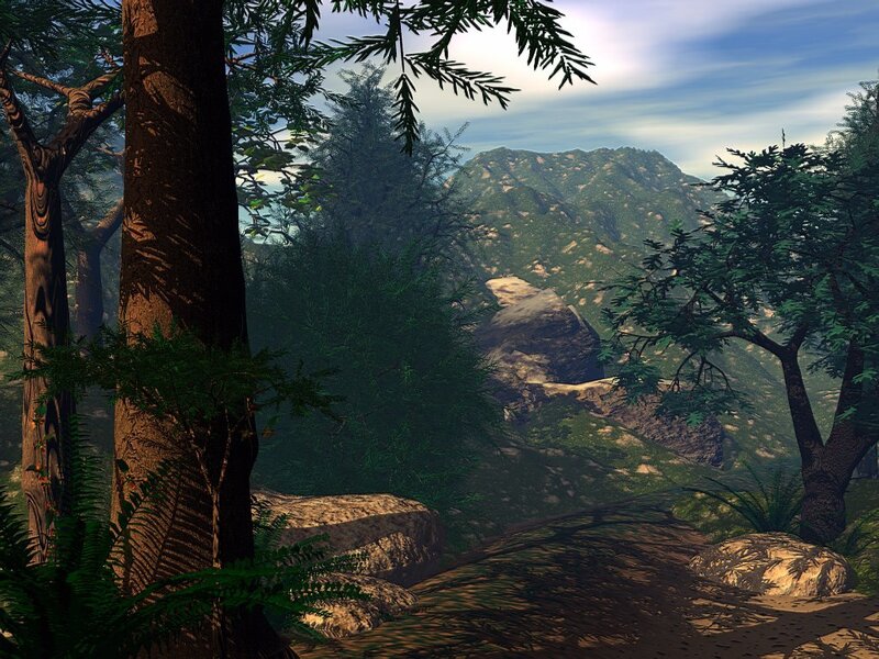 Forest Path with Mountains — Green