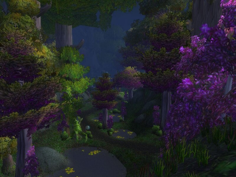 Forest path with purple trees