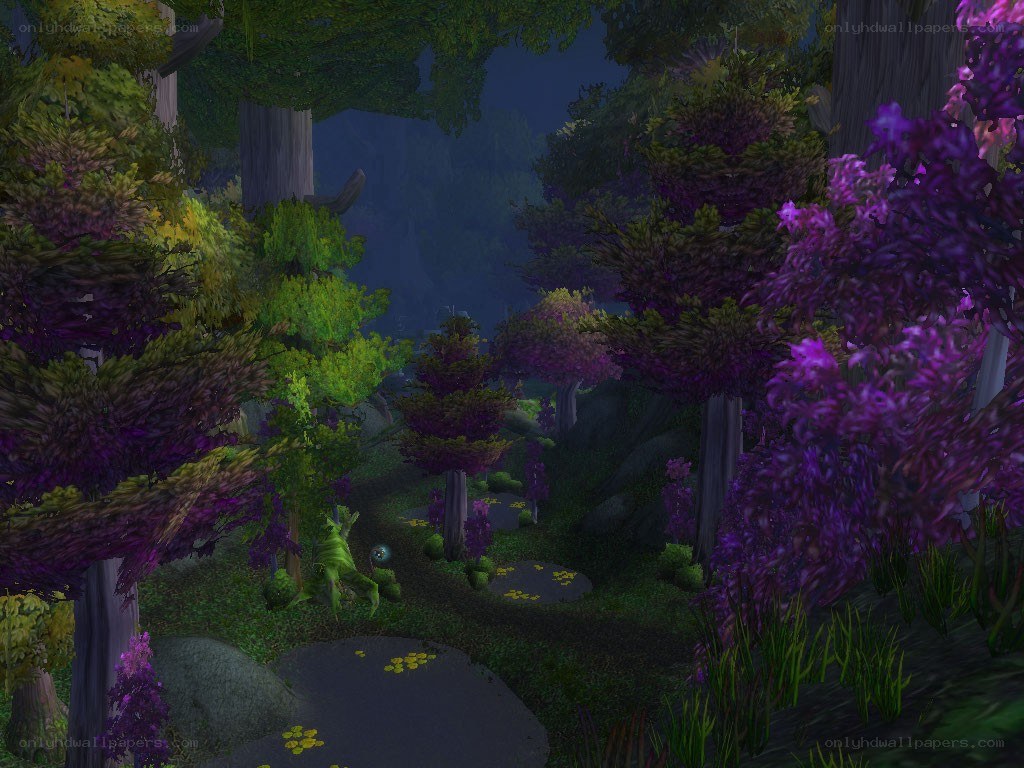 Forest path with purple trees
