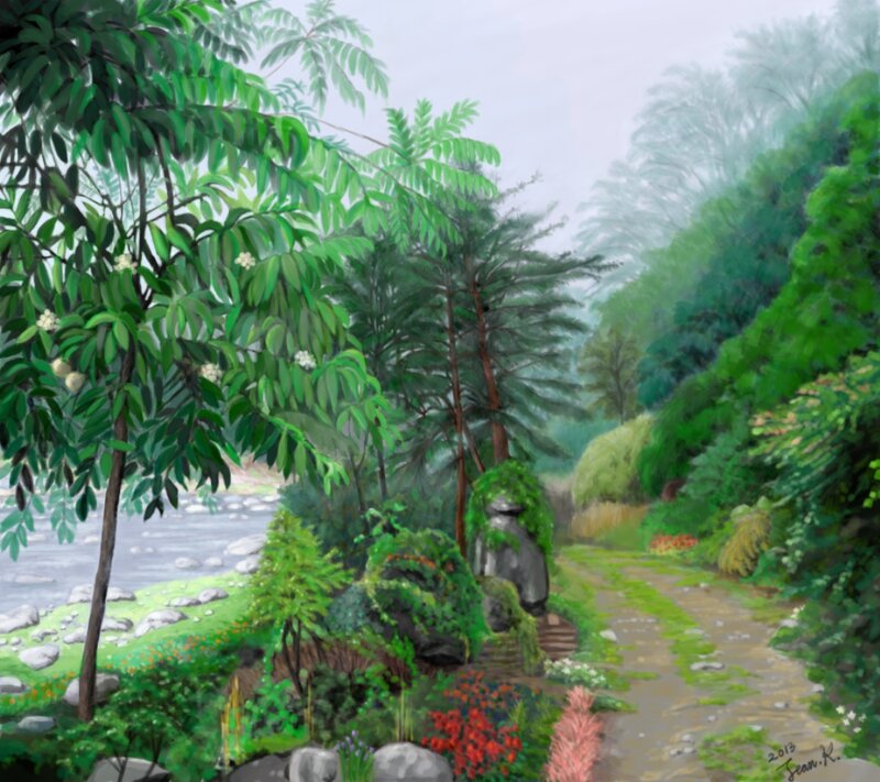 Forest Path with River — Green, Serene