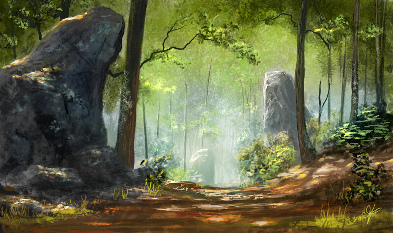 Forest Path with Rocks — Green, Serene, Morning, Digital Art