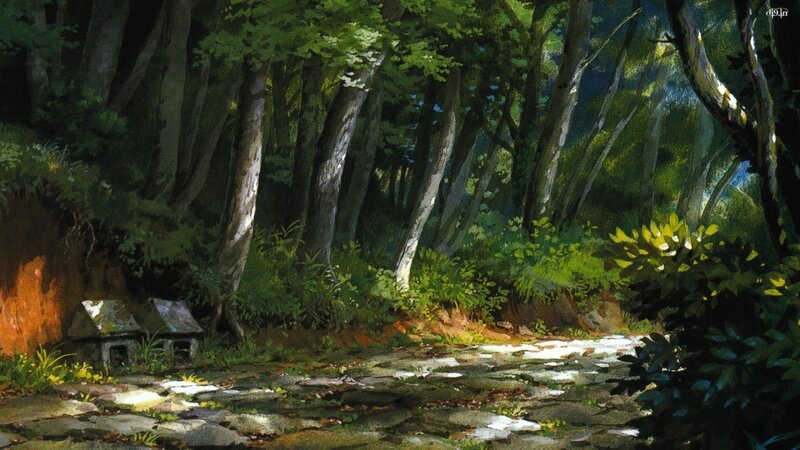 Forest Path with Stone Huts