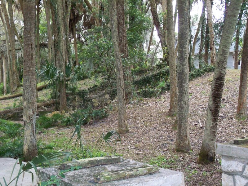 Forest path with stone structure