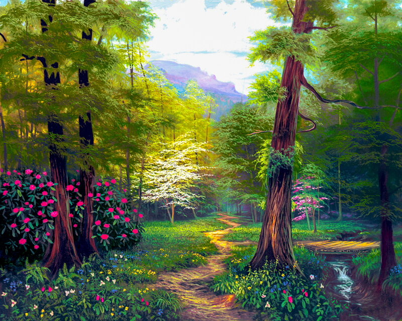 Forest Path with Stream — Green, Serene, Afternoon, Painting