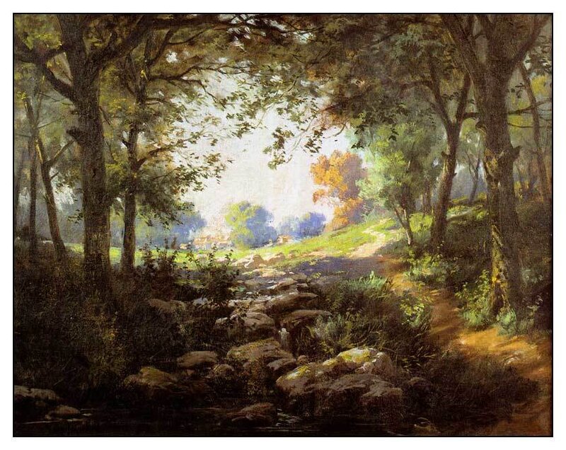 Forest Path with Stream — Green, Serene, Afternoon, Painting, Trees