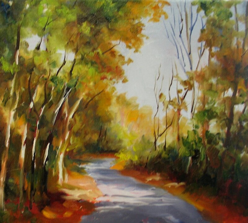 Forest Path with Stream — Green, Serene, Autumn, Painting