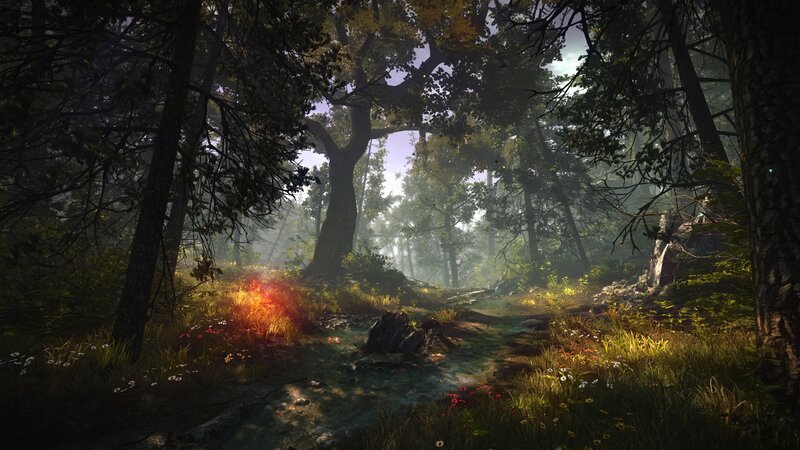 Forest Path with Stream — Green, Serene, Morning, 3d Render