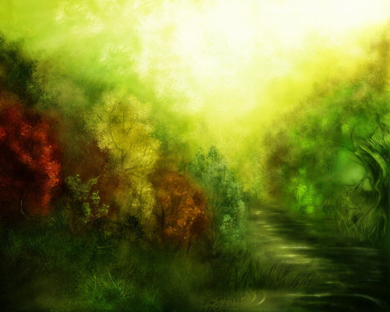 Forest Path with Stream — Green, Serene, Morning, Digital Art