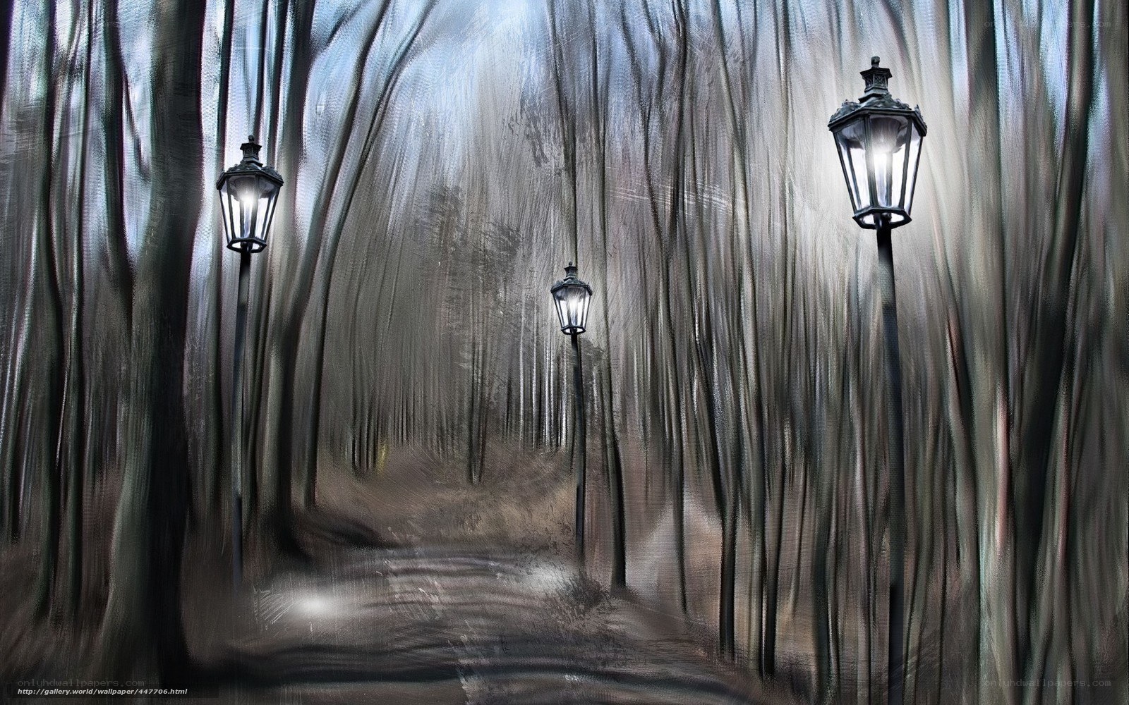 Forest path with street lamps