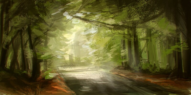 Forest Path with Sunlight — Green, Serene, Morning, Digital Art