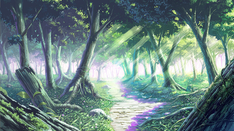 Forest Path with Sunlight — Green, Serene, Morning, Digital Art, Trees, Moss