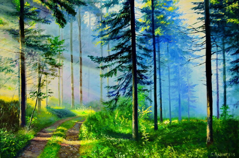 Forest Path with Sunlight — Green, Serene, Morning, Painting