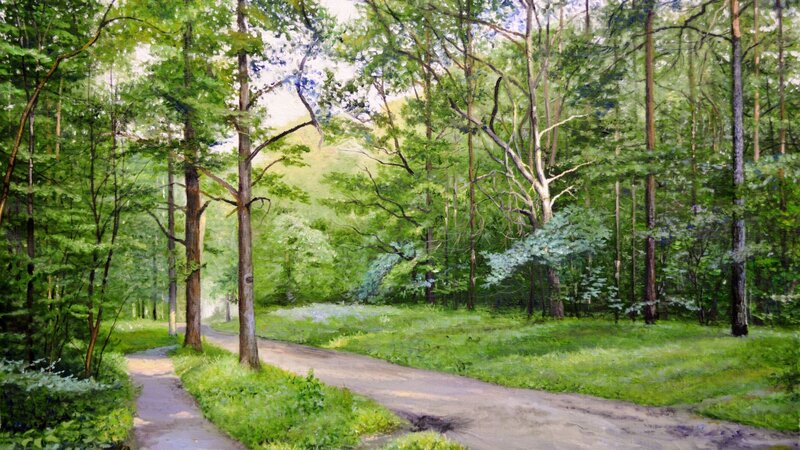 Forest Path with Trees — Green, Serene, Afternoon, Painting, Grass