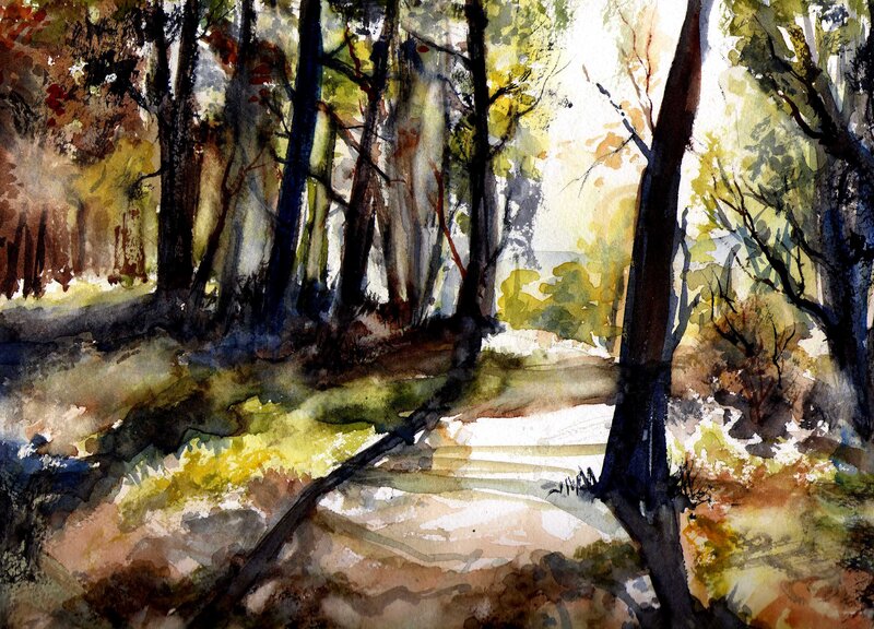 Forest Path with Trees — Green, Serene, Afternoon, Painting