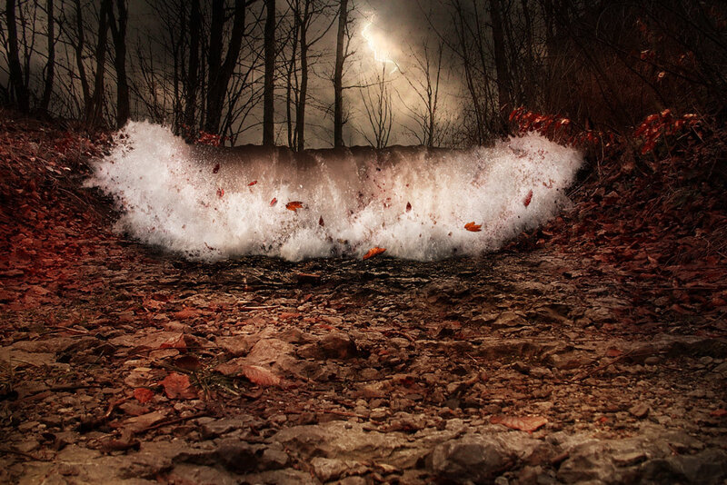 Forest path with water splash